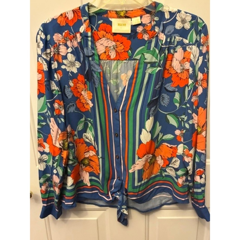 Maeve Anthropologie Blouse Womens 4‎ Blue Floral Tie Front Excellent Mixed Print